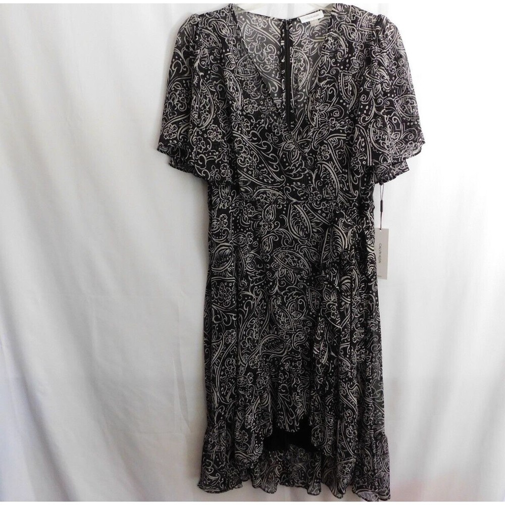 Calvin Klein Dress Faux Wrap Semi-Sheer Black / White Floral Maxi  ~NWT~